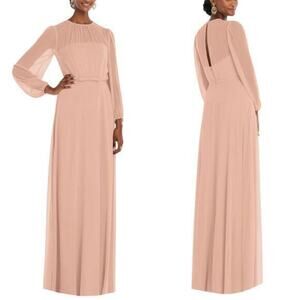 Dessy Collection Puff Sleeve Blouson Overlay Chiffon Maxi Dress in Blush size 14